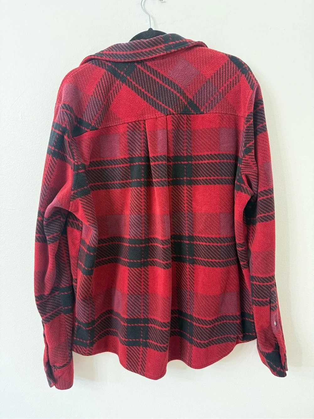 {XL} TRUE RELIGION Red Black Polar Fleece Shacket Snap Buttons